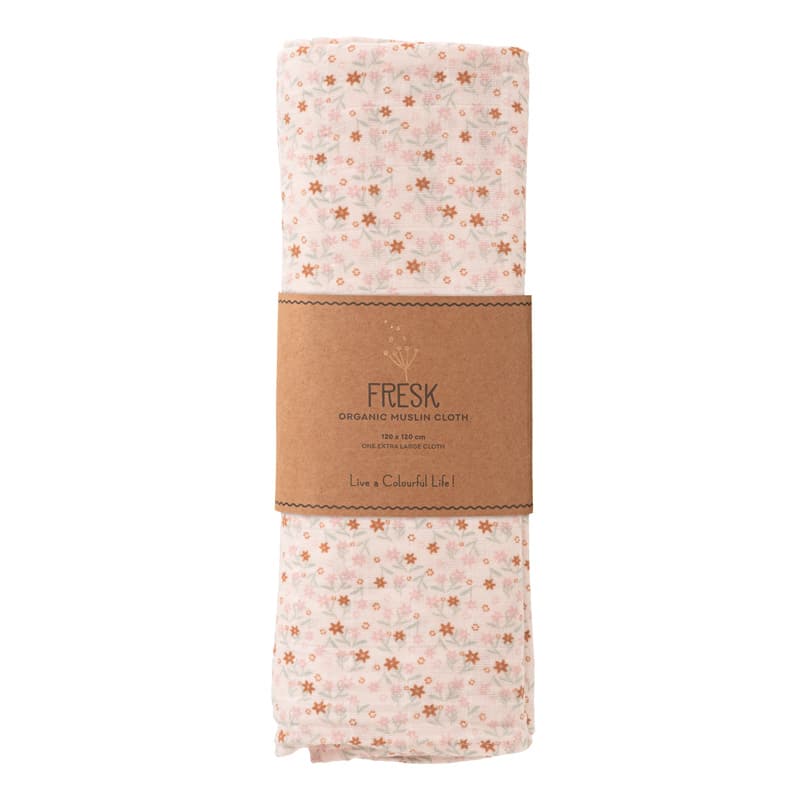 Mussolina Fresk in cotone bio 120x120 cm  - Fiori rosa